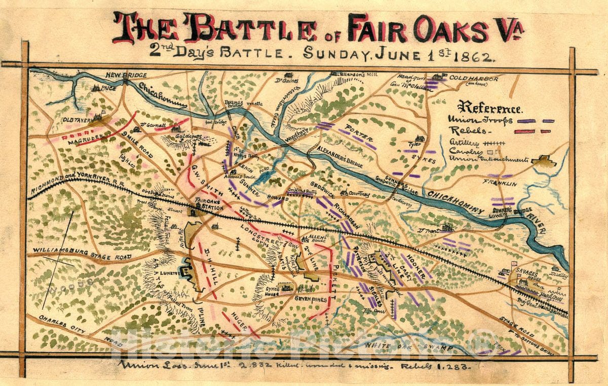 Historic 1862 Map - The Battle of Fair Oaks, Va, 2nd Day's Battle, Sunday June 1st, 1862