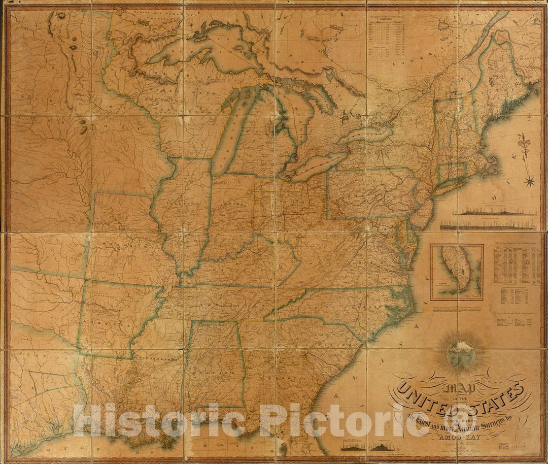 Historic 1834 Map - Map of The United States compiled from The Latest and Most Accurate surveys by Amos Lay, Geographer & map Publisher, New York.