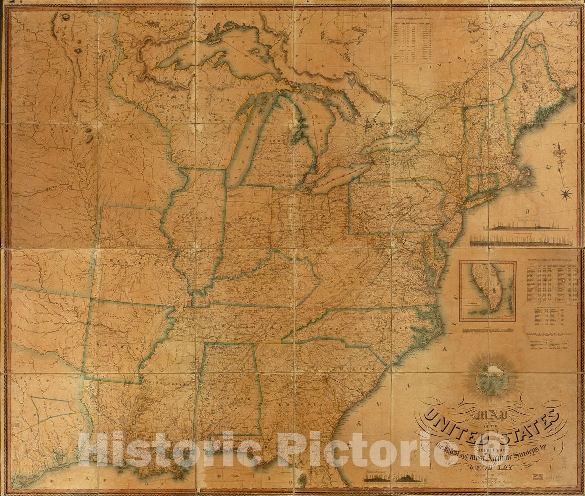 Historic 1834 Map - Map of The United States compiled from The Latest and Most Accurate surveys by Amos Lay, Geographer & map Publisher, New York.