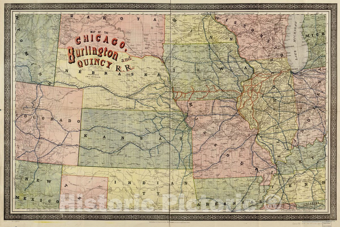 Historic 1879 Map - Map of The Chicago, Burlington and Quincy R.R.