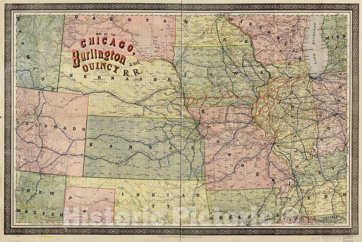 Historic 1879 Map - Map of The Chicago, Burlington and Quincy R.R.