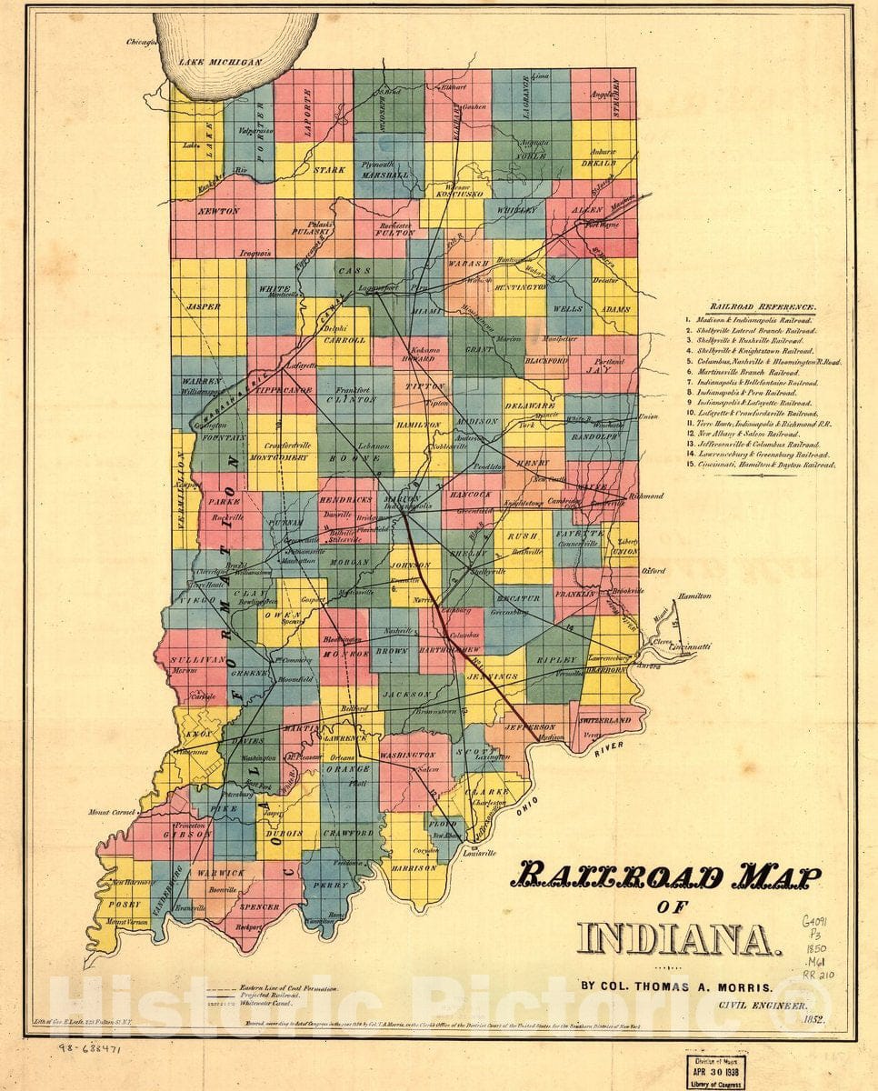 Historic 1852 Map - Railroad map of Indiana.