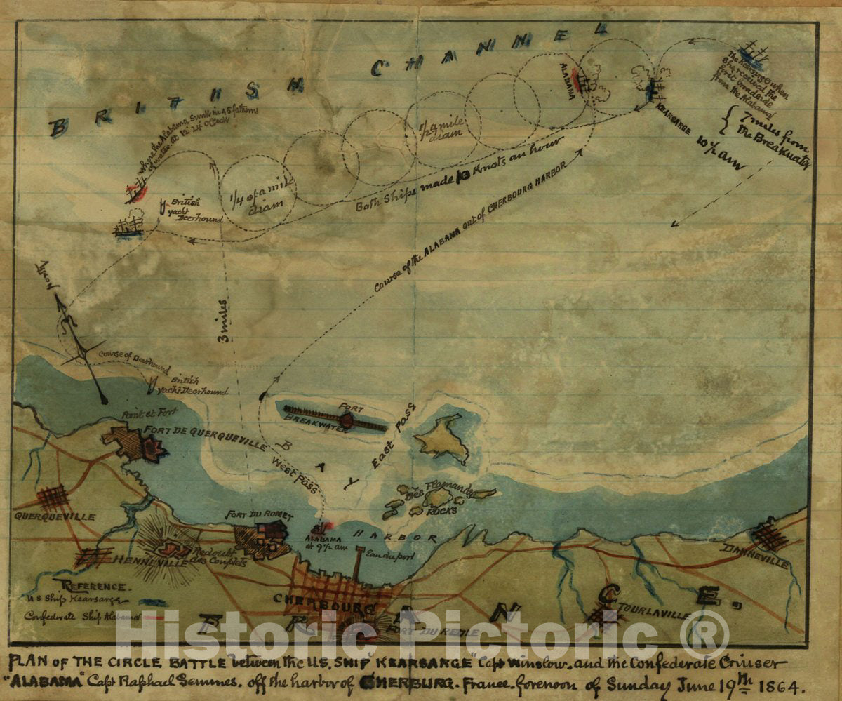 Historic 1864 Map - Plan of The Circle Battle Between The U.S. Ship;Keasarge; Capt. Winslow, and The Confederate Cruiser;Alabama; Capt. Raphael Semmes