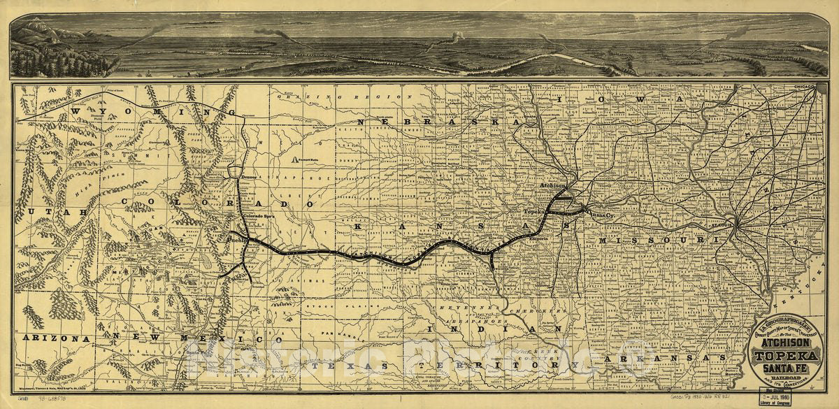 Historic 1880 Map - A geographically Correct County map of The States traversed by The Atchison Topeka and The Santa FÃ© Railroad and its Connections.