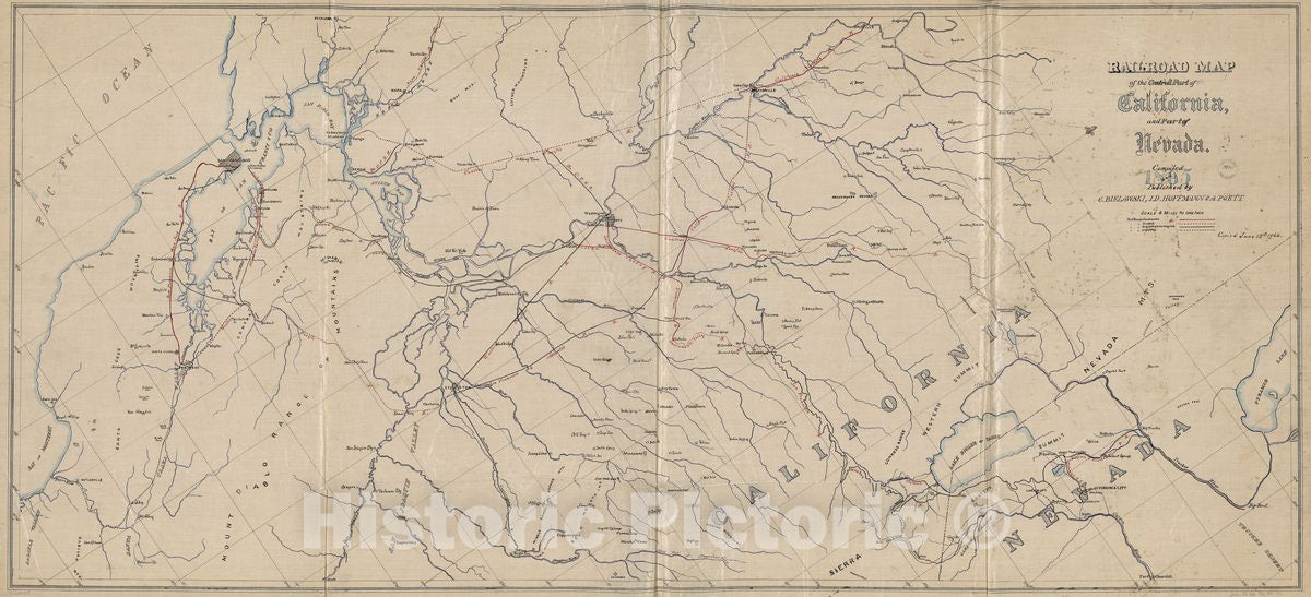 Historic 1865 Map - Railroad map of The Central Part of California, and Part of Nevada. 1865.