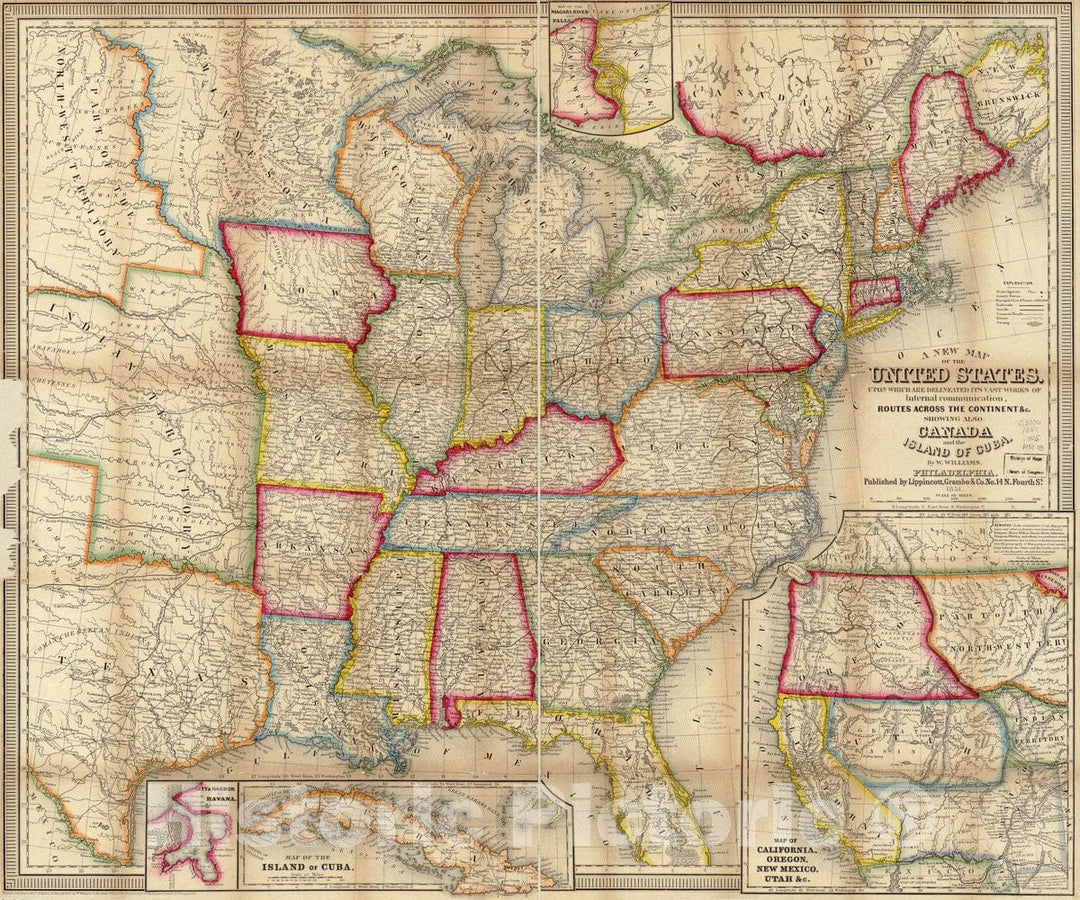 Historic 1851 Map - A New map of The United States. Upon which are delineated its vast Works of Internal Communication