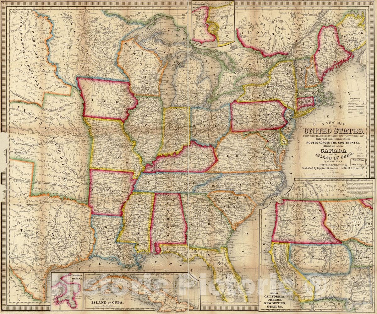 Historic 1851 Map - A New map of The United States. Upon which are delineated its vast Works of Internal Communication