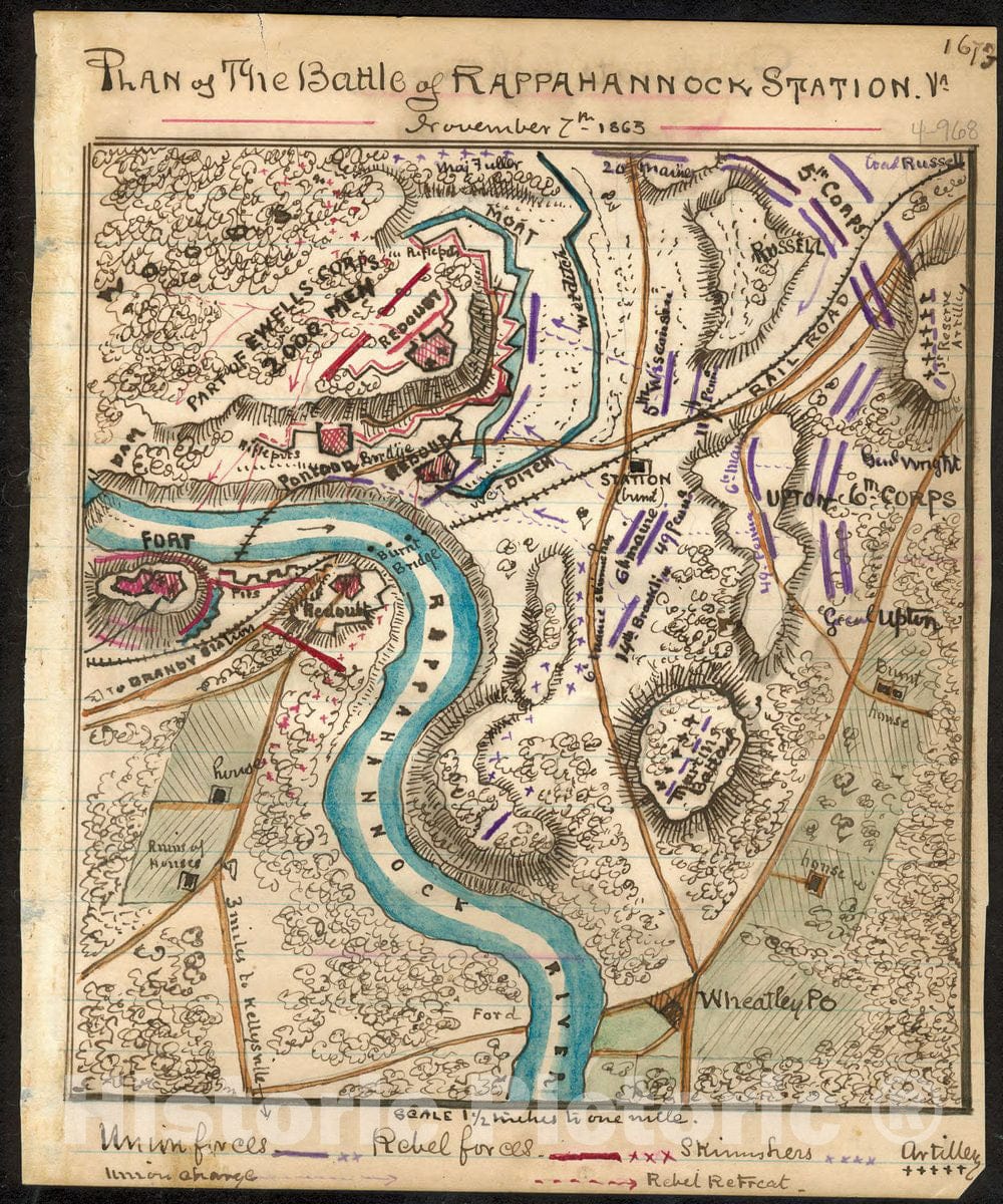 Historic 1863 Map - Plan of The Battle of Rappahannock Station November 7th 1863.