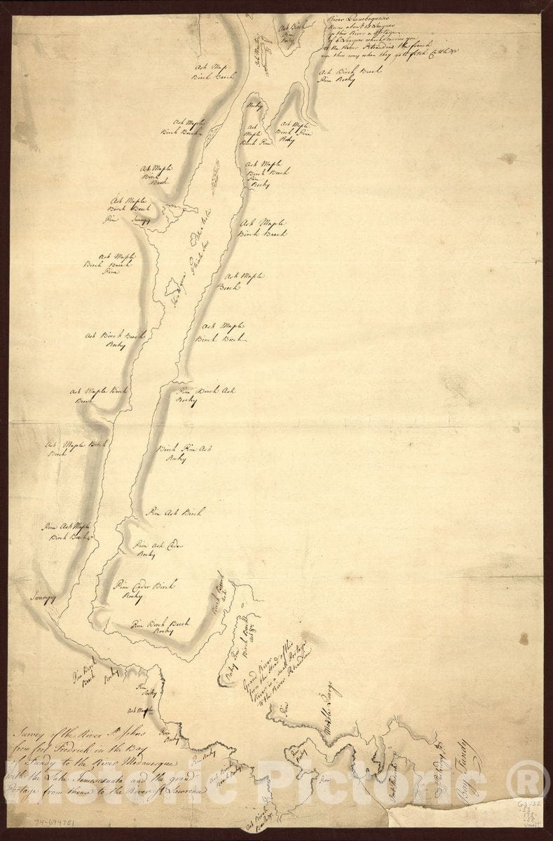 Historic 1750 Map - Survey of The River St. Johns from Fort Frederick in The Bay of Fundy to The River Medauesqua with The Lake Temesecuala and The Grand Portage from thence to The River