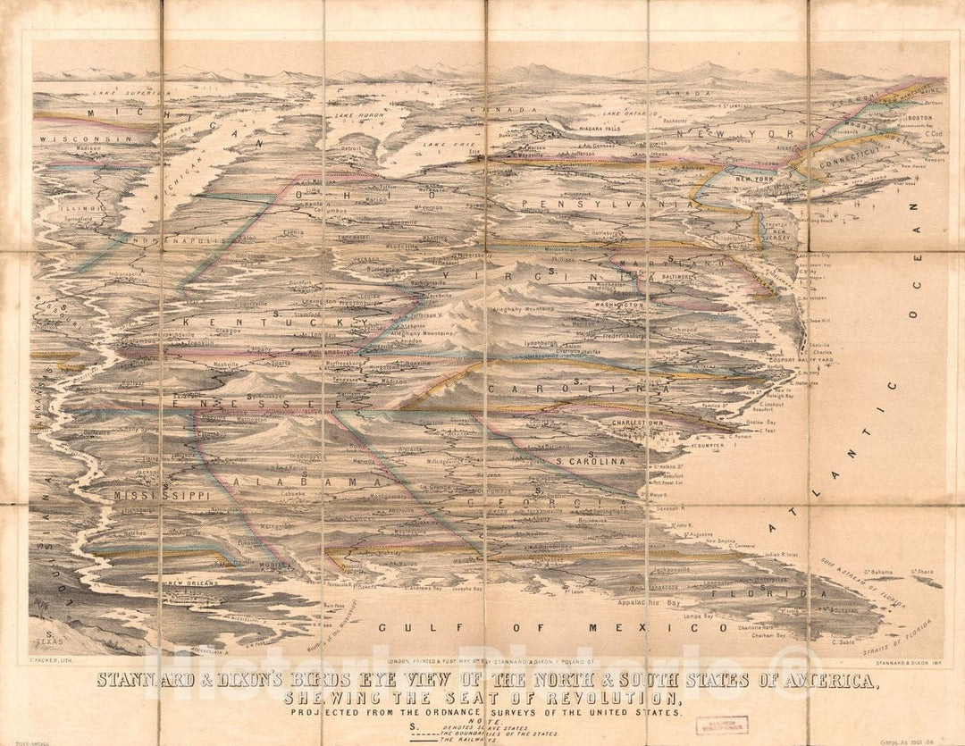 Historic 1861 Map - Stannard & Dixon's Birds Eye View of The North & South States of America : shewing The seat of Revolution : projected from The Ordnance surveys of The United States