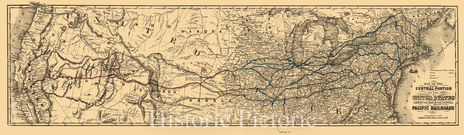 Historic 1850 Map - Map of The Central Portion of The United States Showing The Lines of The Proposed Pacific Railroads.