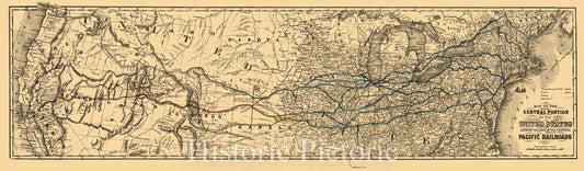 Historic 1850 Map - Map of The Central Portion of The United States Showing The Lines of The Proposed Pacific Railroads.