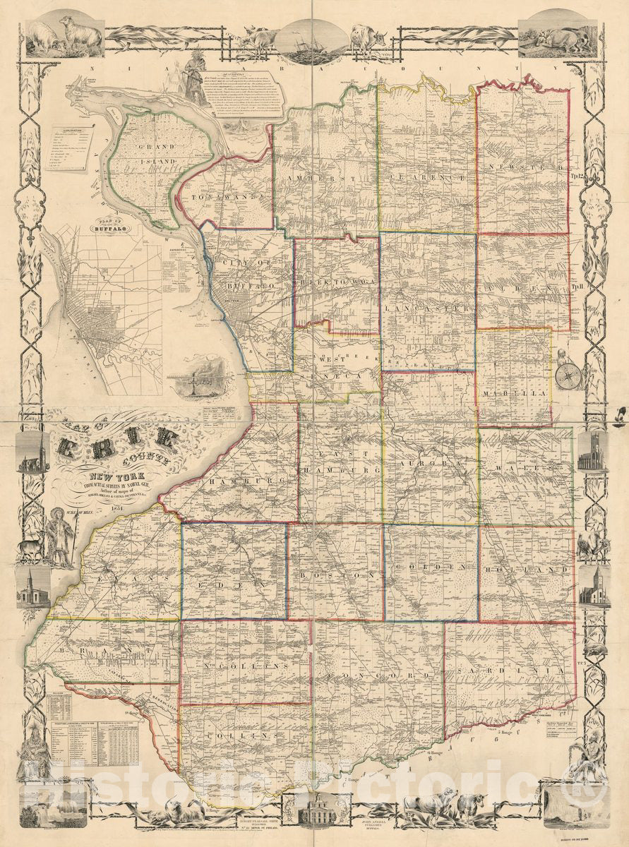 Historic 1854 Map - Map of Erie County, New York : from Actual surveys