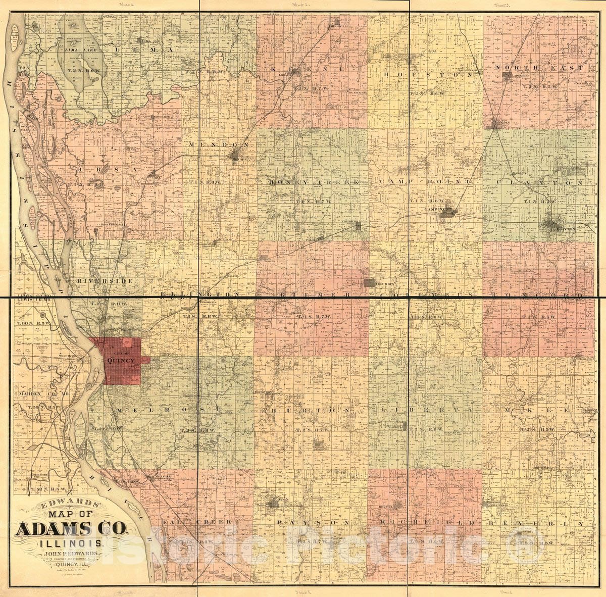 Historic 1889 Map - Edwards' map of Adams Co, Illinois
