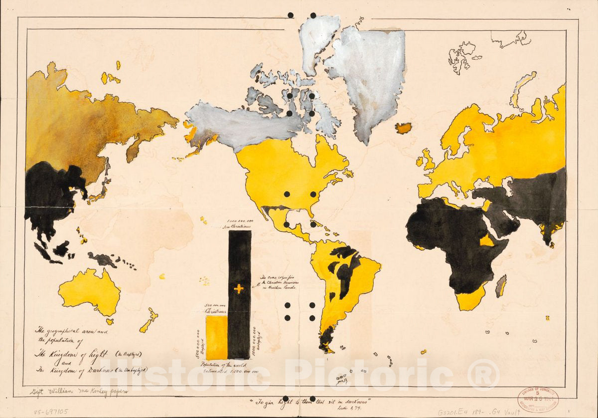 Historic 1890 Map - The Geographical Area and The Population of The Kingdom of Light (The baptized) and The Kingdom of Darkness (The unbaptized).