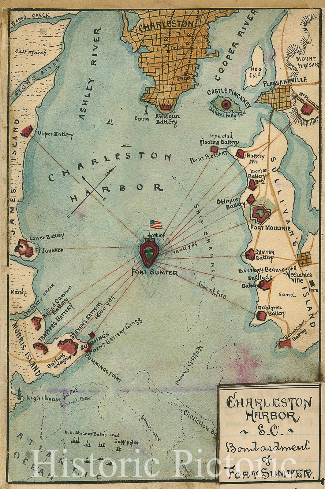 Historic 1861 Map - Charleston Harbor S.C. Bombardment of Fort Sumter.