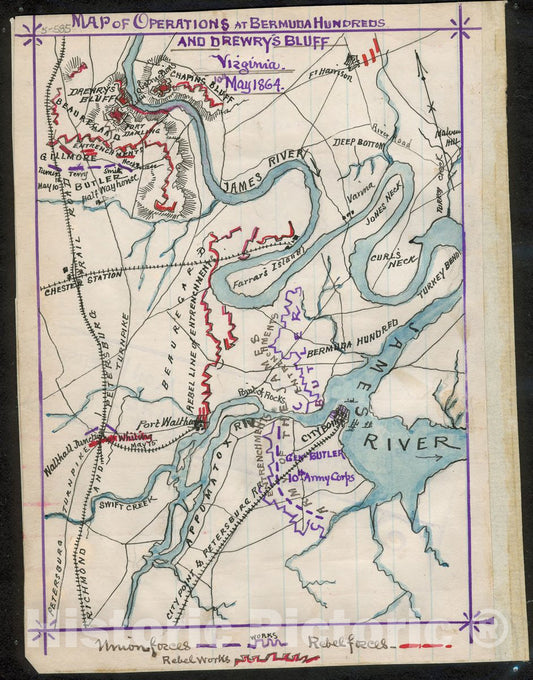 Historic 1864 Map - Map of Operations at Bermuda Hundred and Drewry's Bluff, Virginia, 10th May 1864.