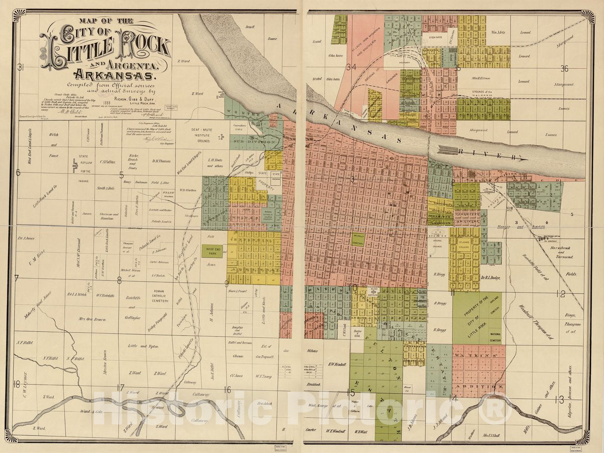 Historic 1888 Map - Map of The City of Little Rock and Argenta, Arkansas : compiled from Official Sources and Actual surveys