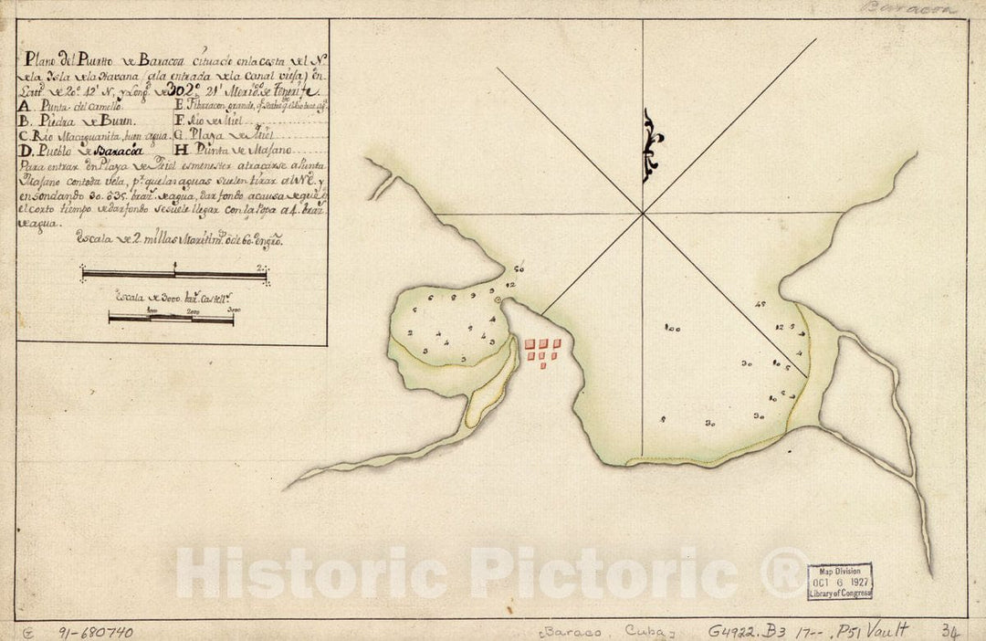 Historic 1700 Map - Plano del Puertto sic de Baracoa cituado en la Costa del N. de la ysla de la Havana (a la entrada de la Canal Vieja) en lattd. DE 2042 N. y longd. de 30221