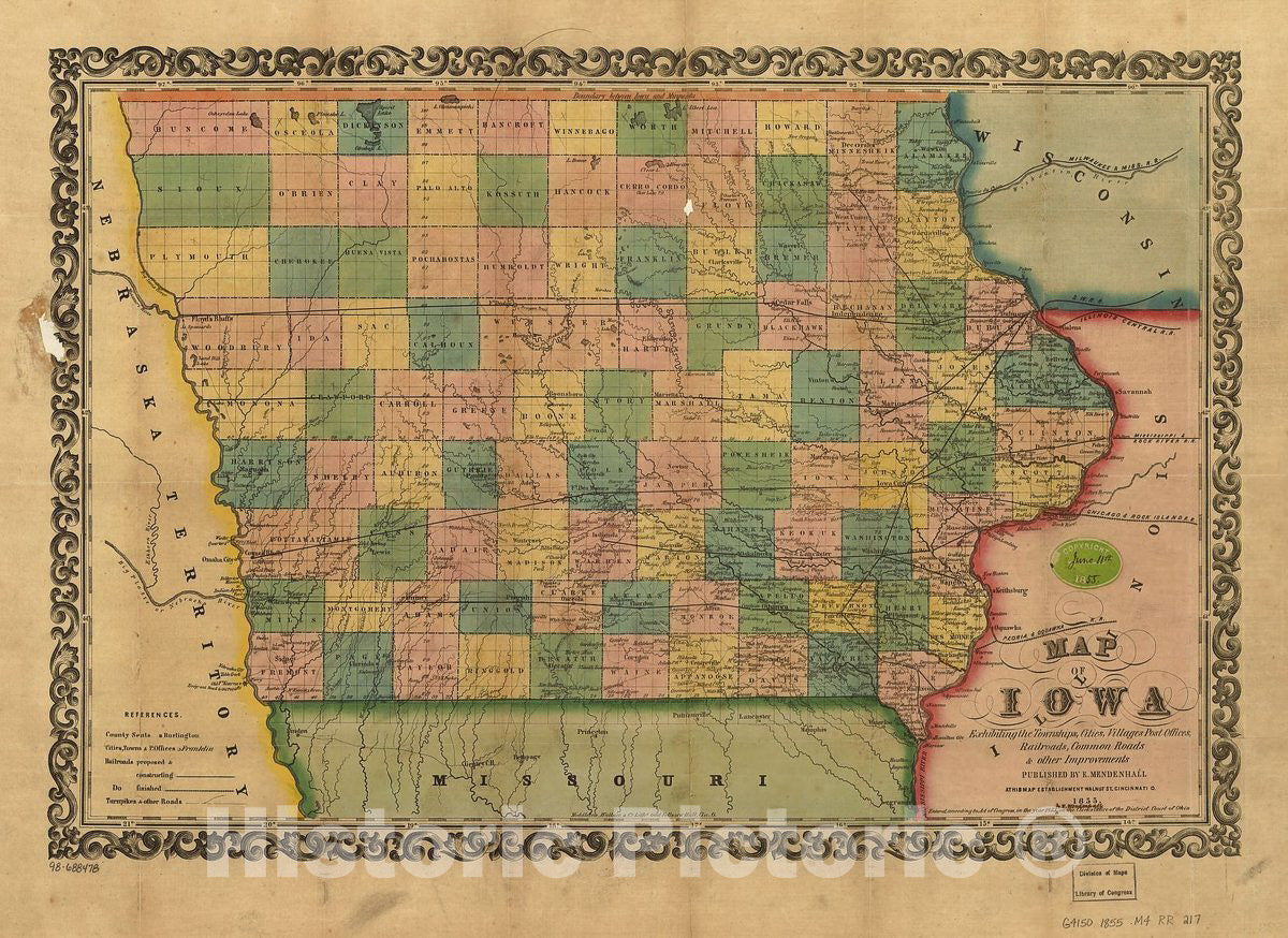 Historic 1855 Map - Map of Iowa exhibiting The townships, Cities, Villages Post Offices, Railroads, Common Roads & Other improvements.
