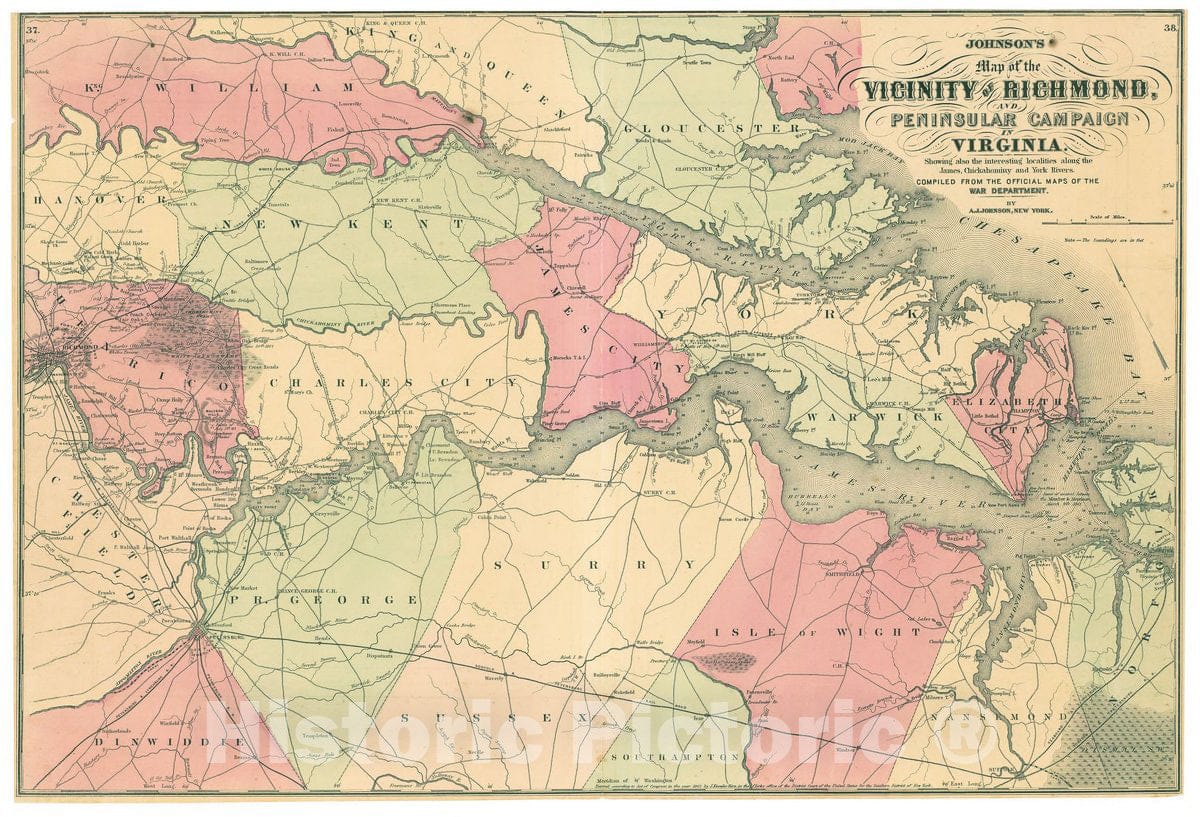 Historic 1898 Map - Map Showing The Location of Battle Fields of Virginia 2