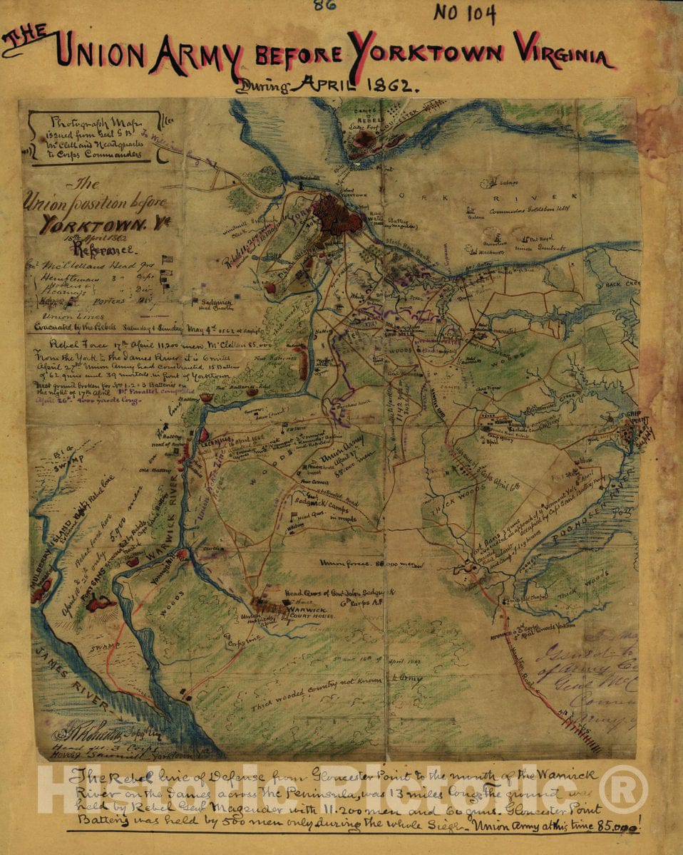 Historic 1862 Map - The Union Position Before Yorktown, Va, 18th April 1862