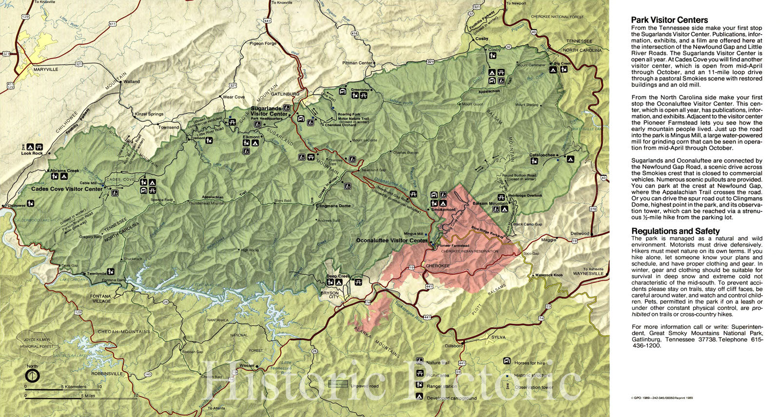 Historic 1989 Map - Great Smoky Mountains National Park, North Carolina/Tennessee