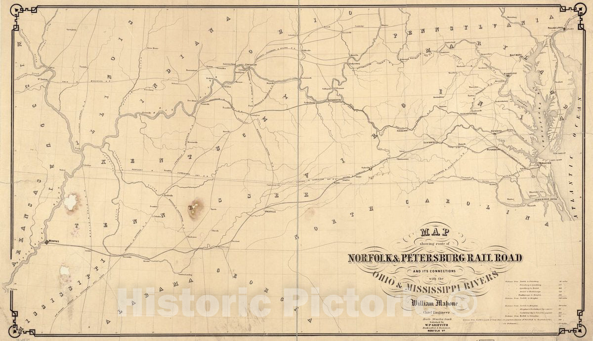 Historic 1858 Map - Map Showing Route of Norfolk & Petersburg Rail Road and its Connections with Ohio & Mississippi Rivers, William Mahone, Chief Engineer, F. Bourquin & Co, Philada.