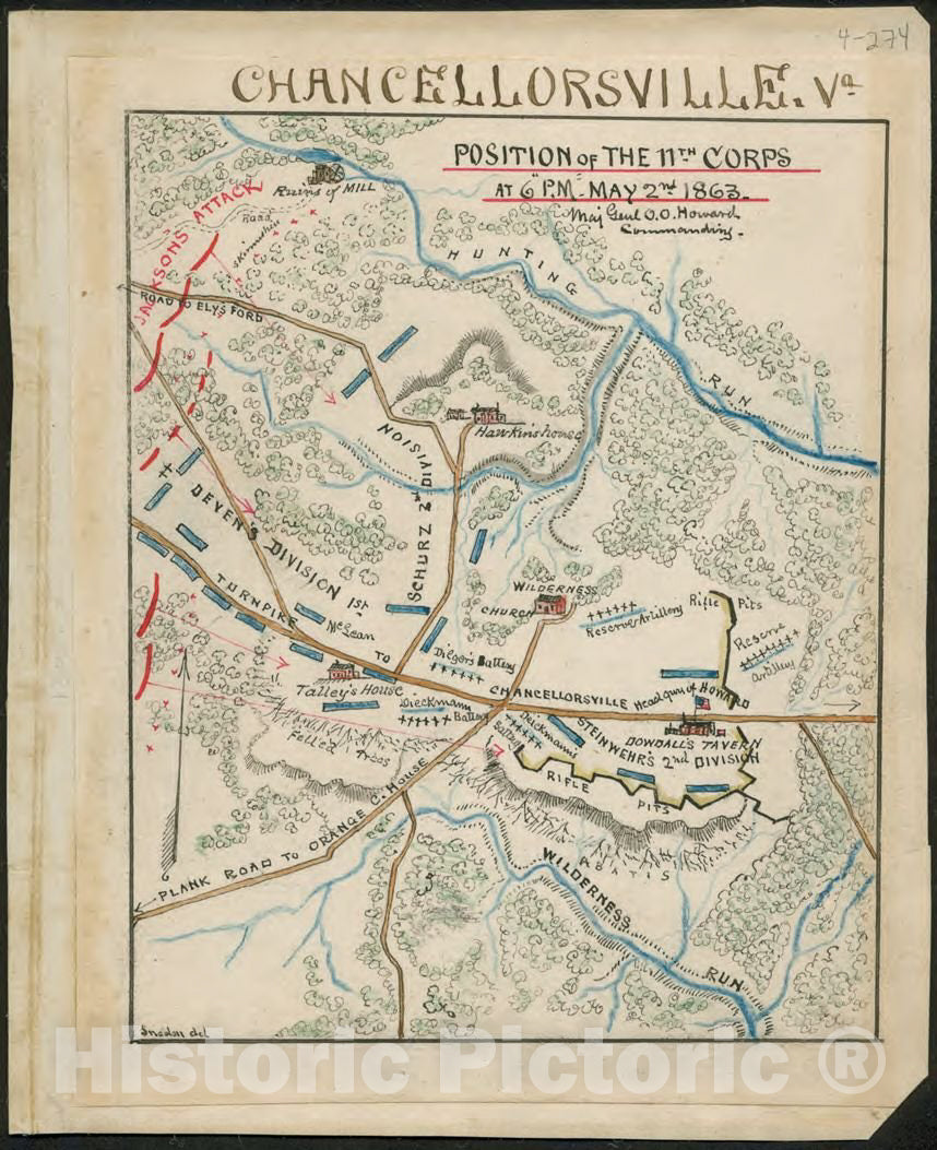 Historic 1863 Map - Chancellorsville, Va. Position of The 11th Corps at 6 p.m. May 2nd 1863 Maj Genl O.O. Howard Commanding