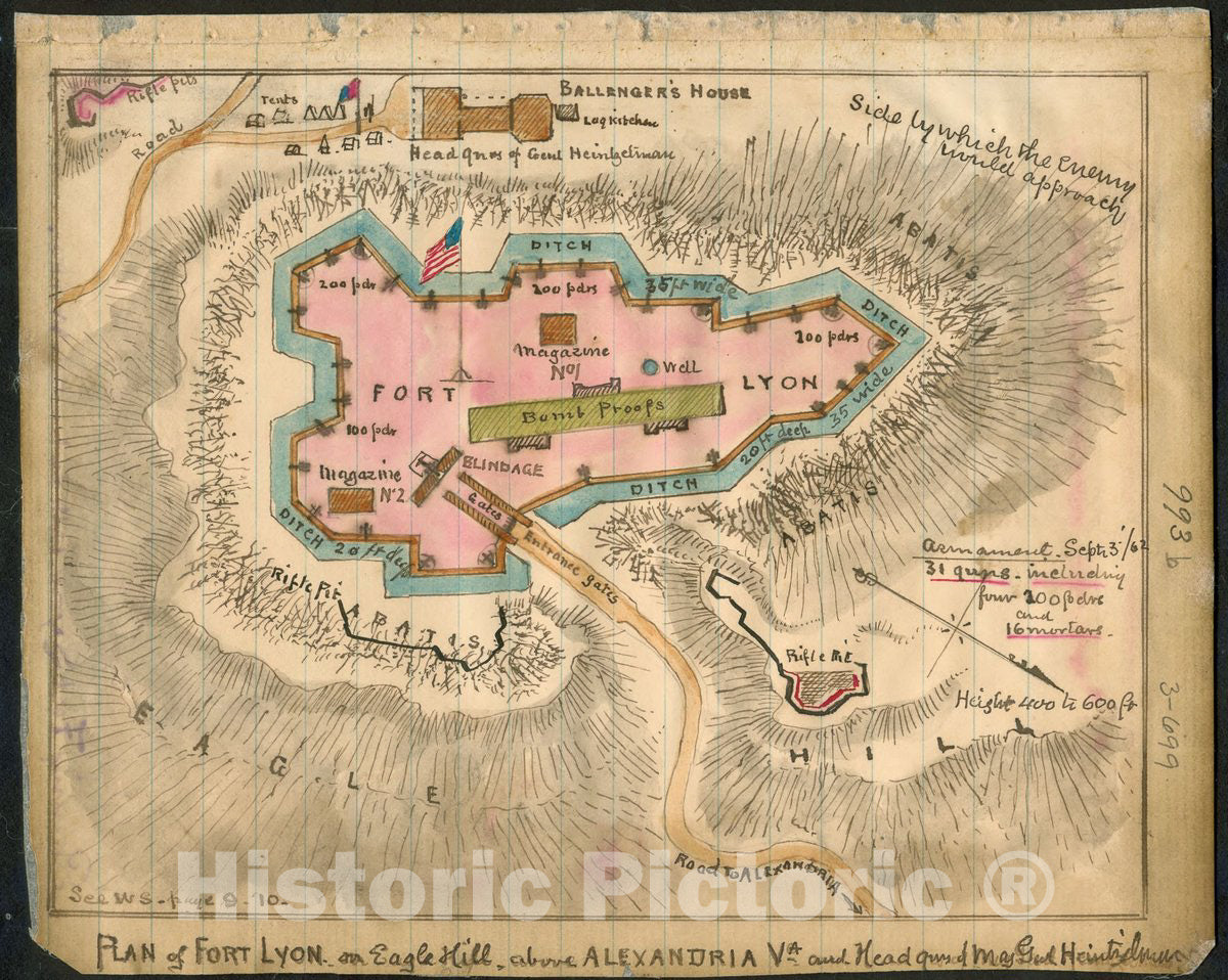 Historic 1862 Map - Plan of Fort Lyon on Eagle Hill Above Alexandria, Va.