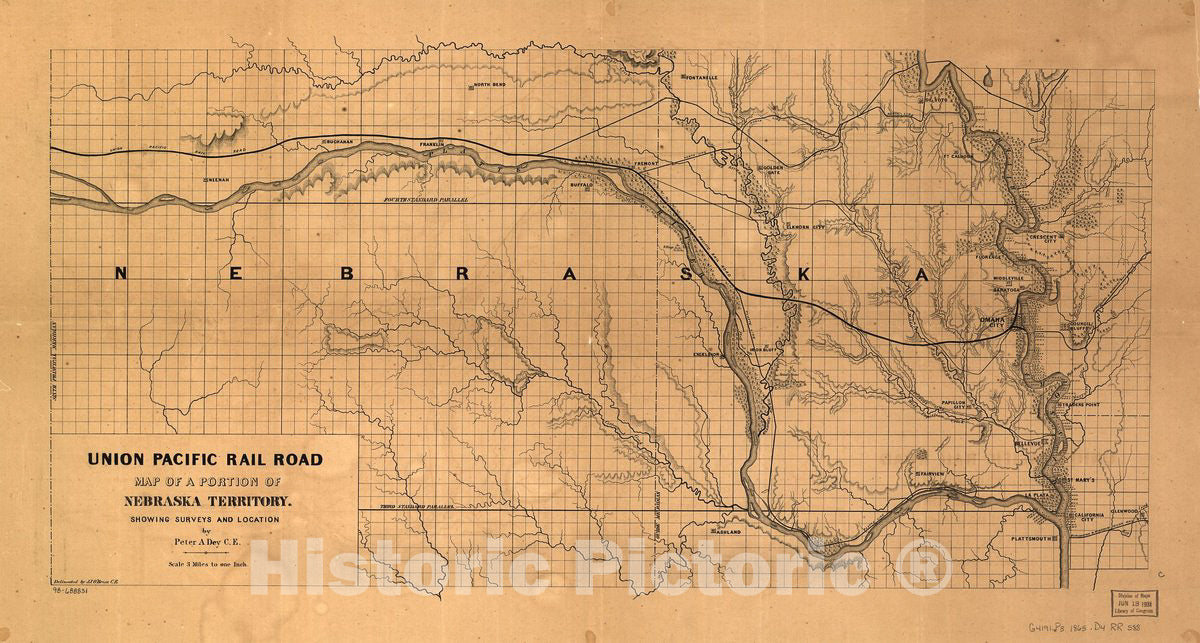 Historic 1865 Map - Union Pacific Rail Road, map of a Portion of Nebraska Territory, Showing surveys and Location of Lines by Peter A. Dey, C.E.