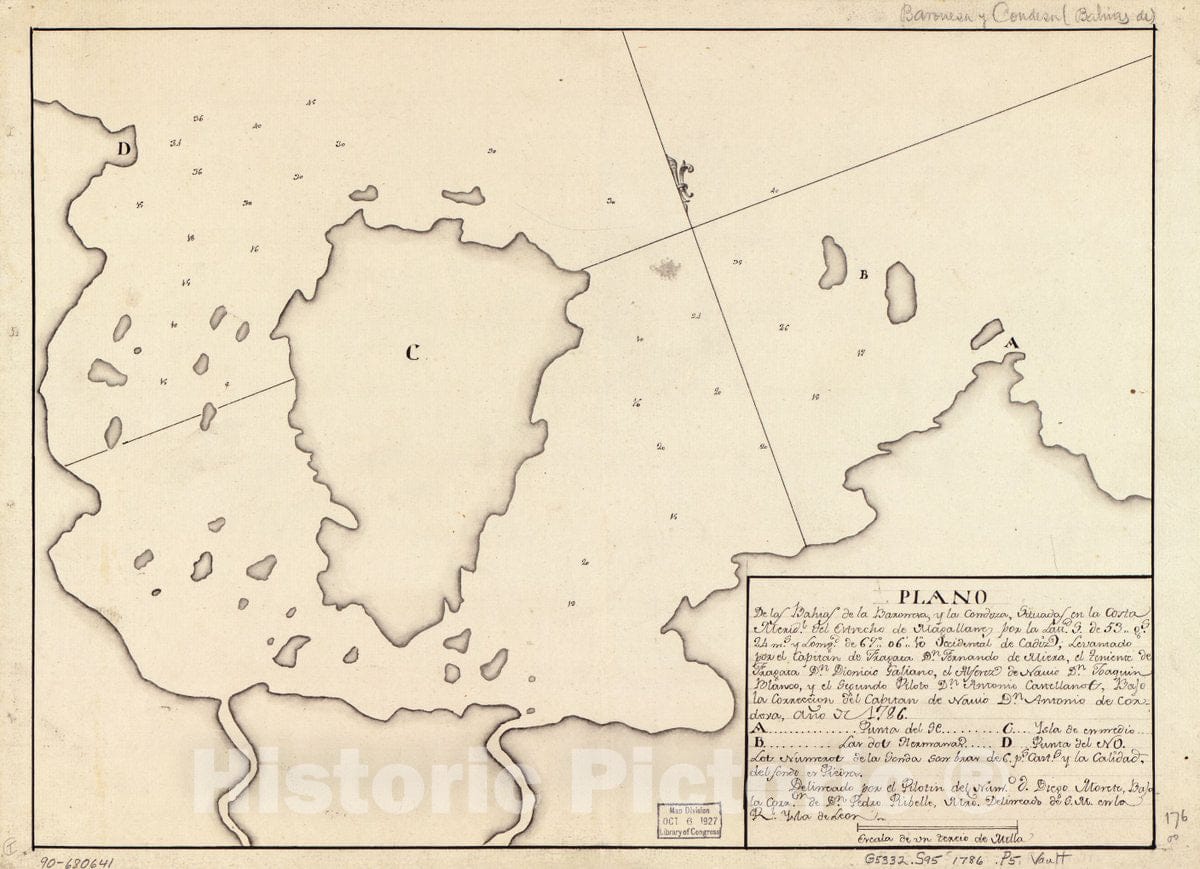Historic 1786 Map - Plano de las BahÃ­as de la Baronesa y la Condoza situadas en la Costa meridl. del Estrecho de Magallanes por la lattd. S. DE 53 gs. 24 ms. y longd. DE 670610