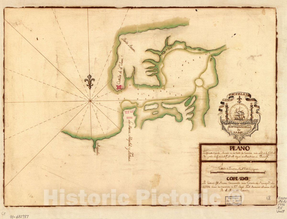 Historic 1756 Map - Plano de Puerto Cavello situado en la Costa de Caracas en la latd. DE 10 gs. 26 ms. N. y en la longd. de 308 gs. 37 ms. segun el meridiano de Thenerife