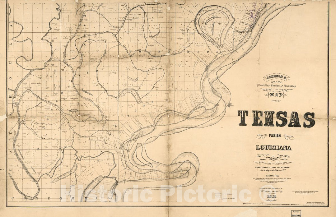 Historic 1873 Map - Johnson's Plantation, Section and Township maof Tensas Parish, Louisiana : Showing The Several wards, Roads, levees and Ferries and The Change in The River Since 1828