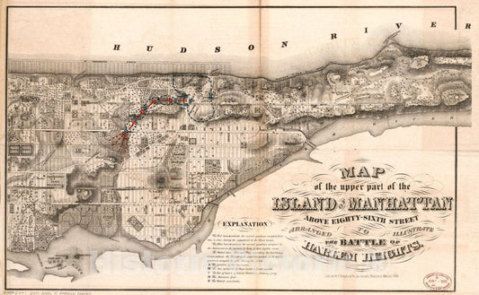 Historic 1776 Map - Map of The Upper Part of The Island of Manhattan Above Eighty-Sixth Street Arranged to illustrate The Battle of Harlem Heights.