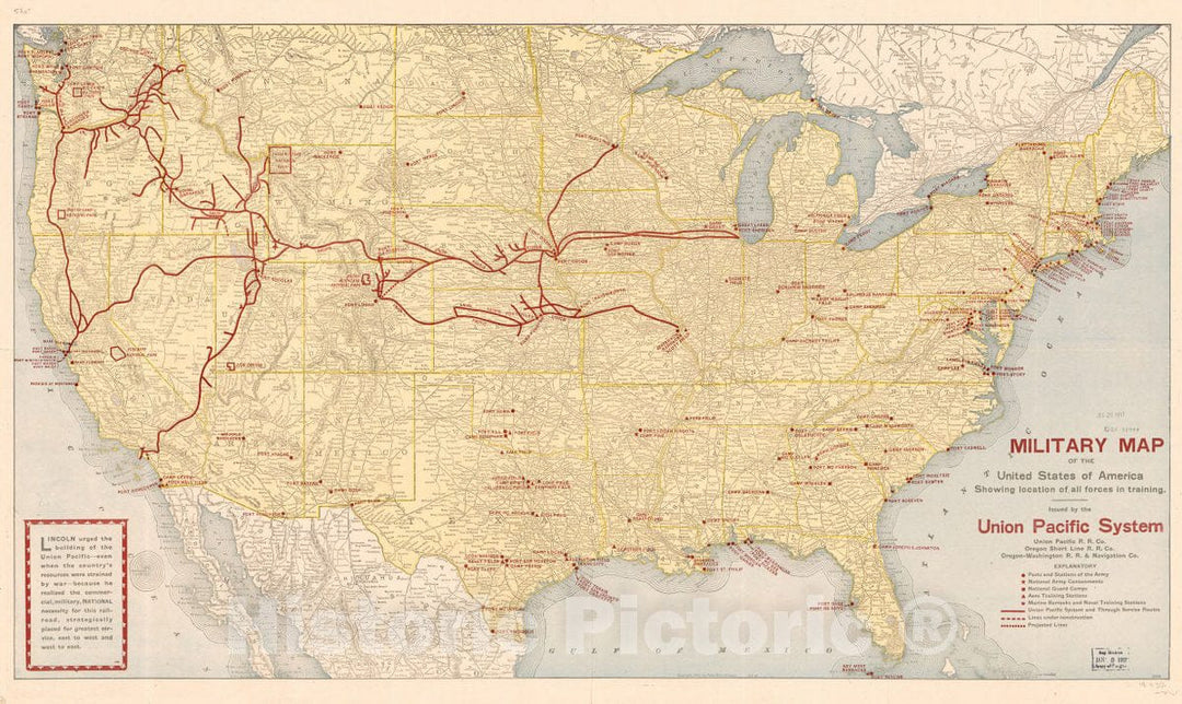 Historic 1917 Map - Military map of The United States of America : Showing Location of All Forces in Training