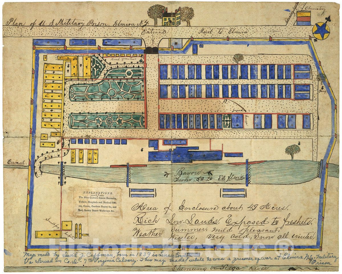 Historic 1864 Map - Plan of U.S. Military Prison, Elmira, N.Y.