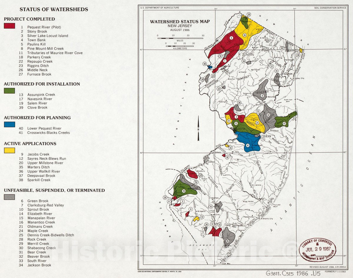 Historic 1986 Map - Watershed Status map, New Jersey : August 1986