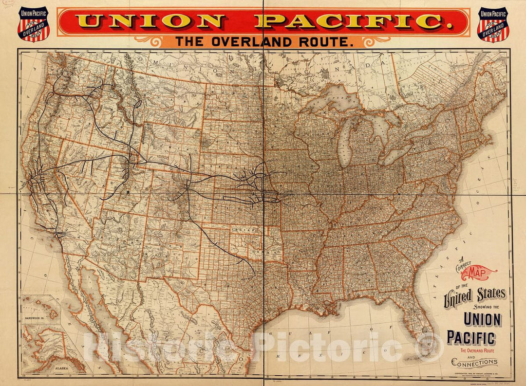 Historic 1892 Map - A Correct map of The United States Showing The Union Pacific, The Overland Route and Connections.