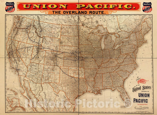 Historic 1892 Map - A Correct map of The United States Showing The Union Pacific, The Overland Route and Connections.
