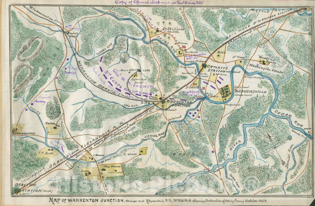 Historic 1863 Map - Map of Warrenton Junction, Orange and Alexandria R.R, Virginia shewing Destruction of R.R. by Enemy, October 1863.
