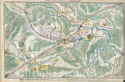 Historic 1863 Map - Map of Warrenton Junction, Orange and Alexandria R.R, Virginia shewing Destruction of R.R. by Enemy, October 1863.