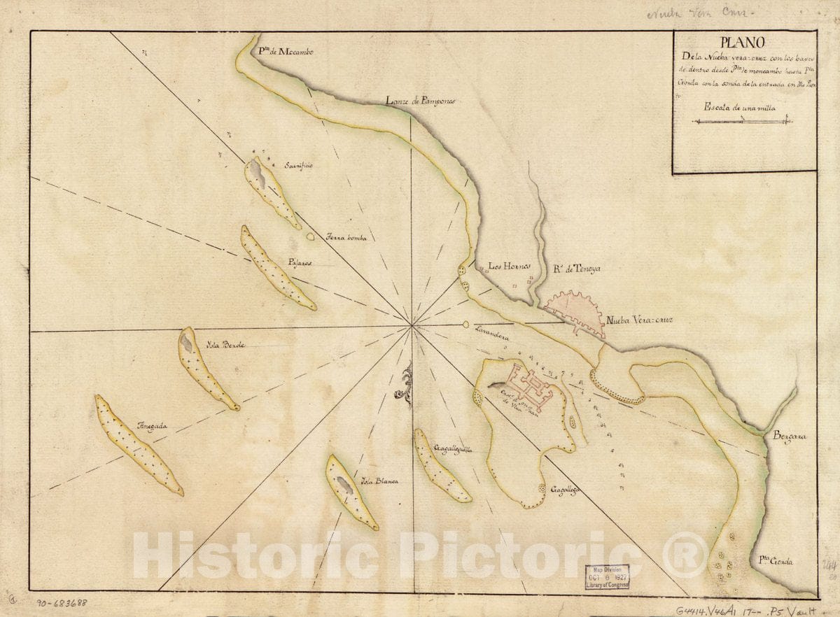 Historic 1700 Map - Plano de la Nueba Verz-Cruz con Los baxos de dentro Desde PTA. de Moncambo Hasta PTA. Gorda con la sonda de la entrada en dho. Puerto.