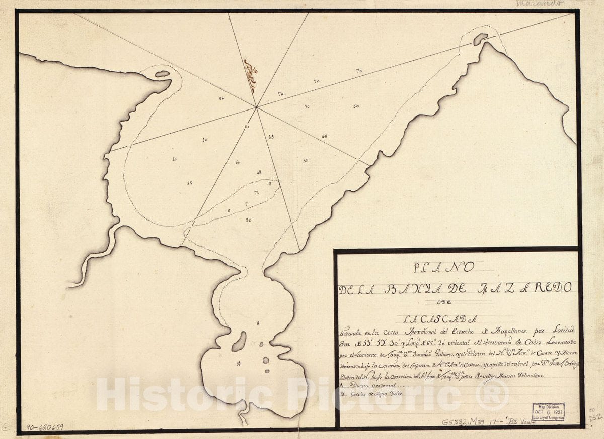 Historic 1700 Map - Plano de la Bahya de Mazaredo o de la Cascada situada en la Costa meridional del Estrecho de Magallanes por latitud sur DE 535930 y longd.