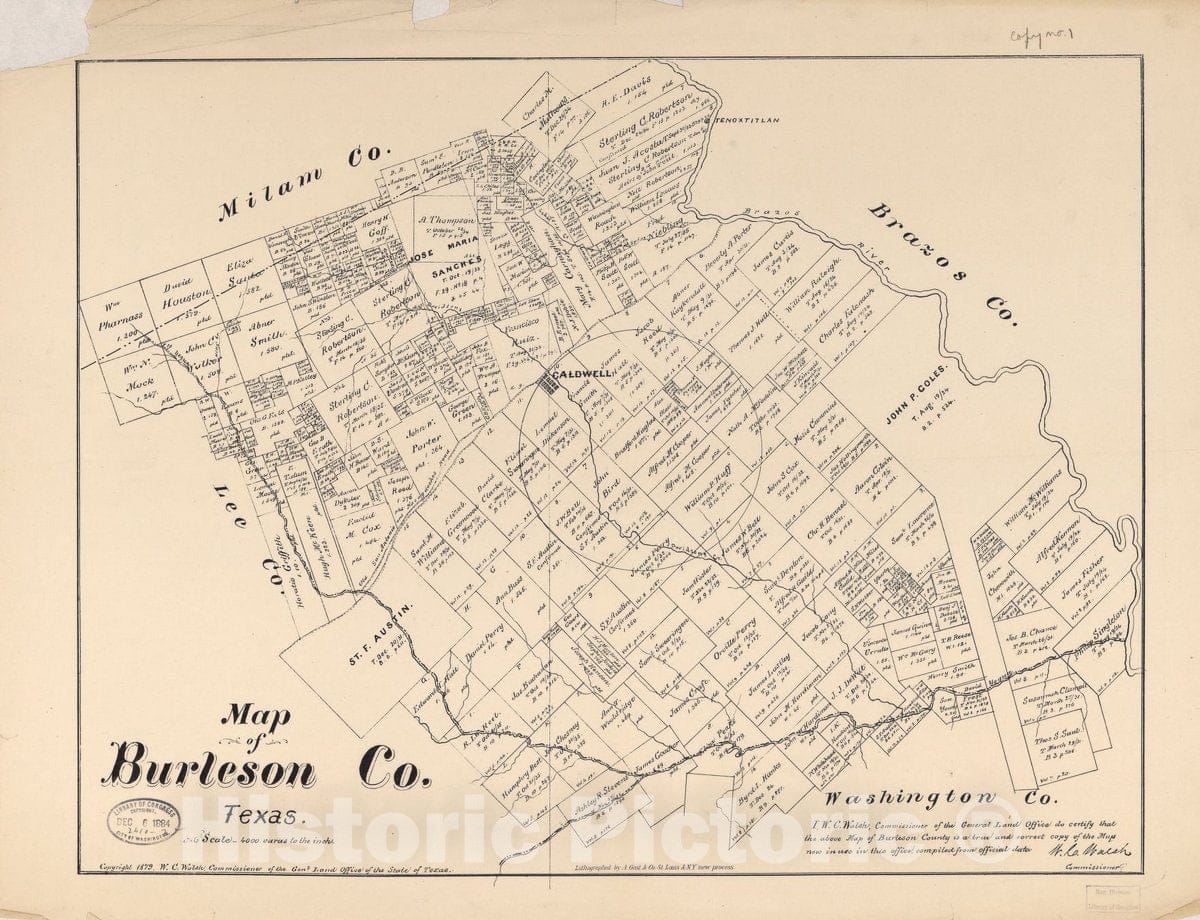 Historic 1879 Map - Map of Burleson Co, Texas.