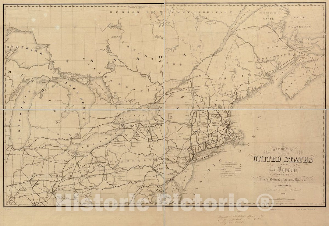 Historic 1852 Map - Map of The United States in Part and Canada, Showing All The canals, Railroads, navigable Rivers
