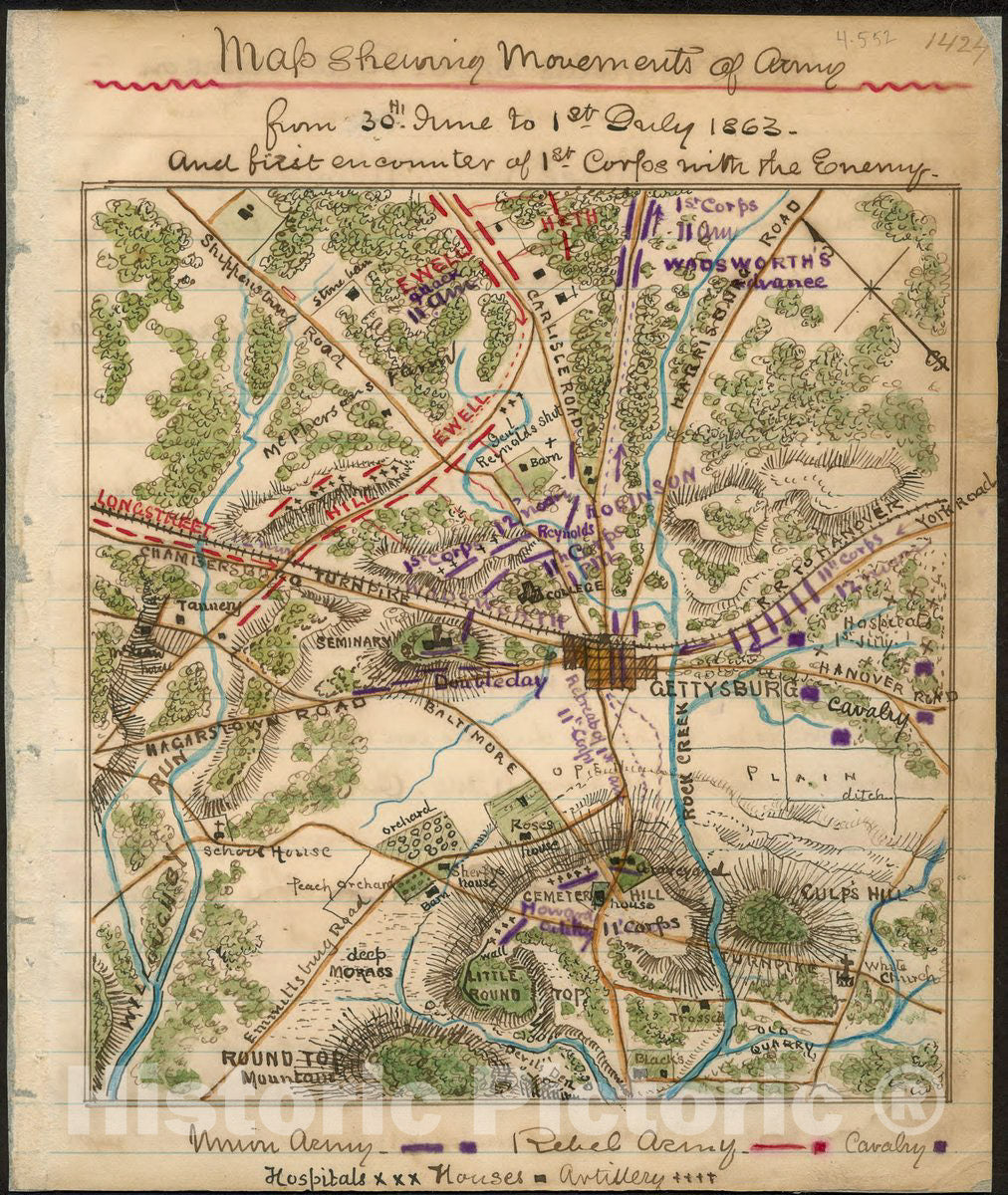 Historic 1863 Map - Map shewing sic Movements of Army from 30th June to 1st July 1863 : and First Encounter of 1st Corps with The Enemy.