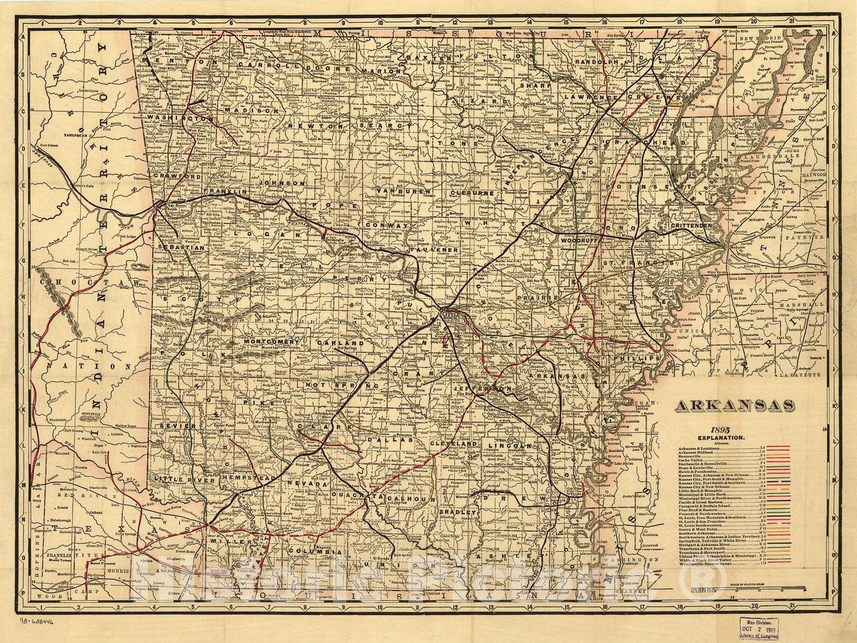 Historic 1895 Map - Cram's Township and Rail Road map of Arkansas.