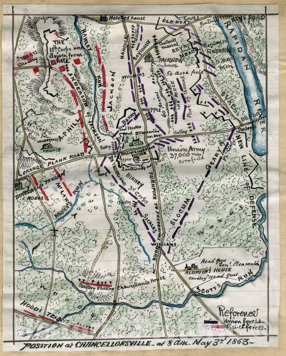 Historic 1863 Map - Position at Chancellorsville at 8 a.m. May 3rd 1863