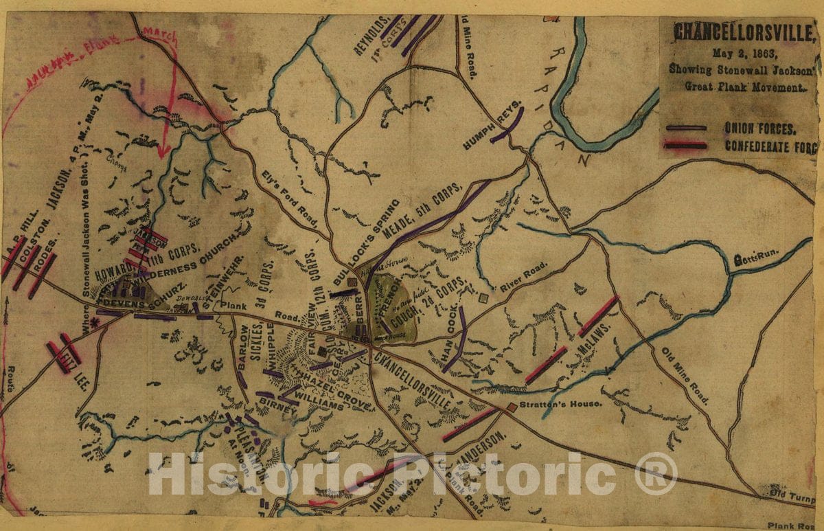 Historic 1863 Map - Chancellorsville, May 2, 1863, Showing Stonewall Jackson's Great Flank Movement